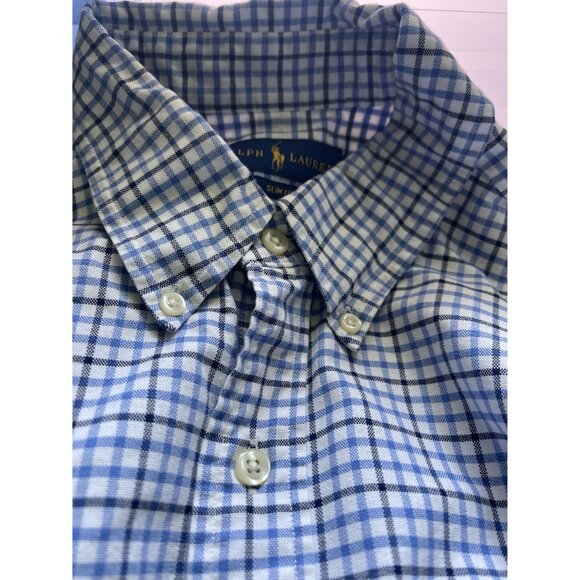 Polo Ralph Lauren Mens L Slim Fit Blue White Long Sleeve Button-Up Shirt Office - Picture 11 of 11